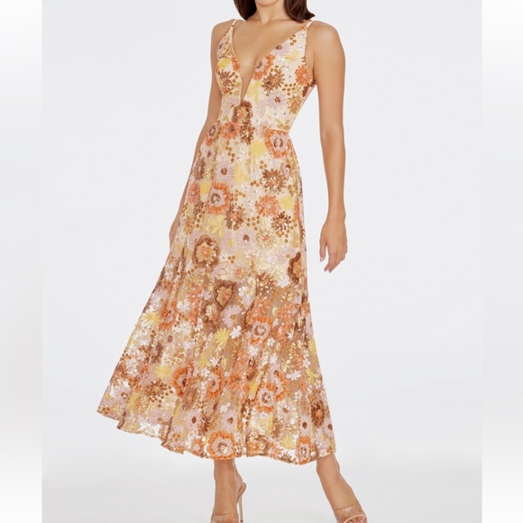 Dress the Population Sierra Floral Sequin Midi Cocktail Dress in Amber - Size 4 - Picture 1 of 8